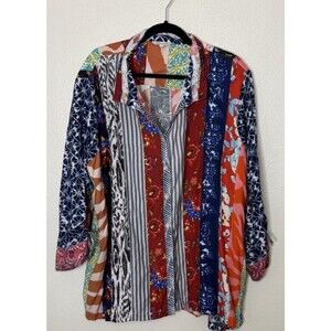 John Mark Womens Button Front Floral Striped Wired Collar3/4Sleeve  Top Size 2X